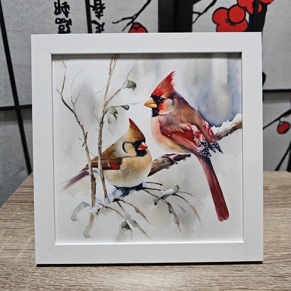 8x8 Framed Red Cardinal Love Birds Watercolor‎ Oil Painting Print